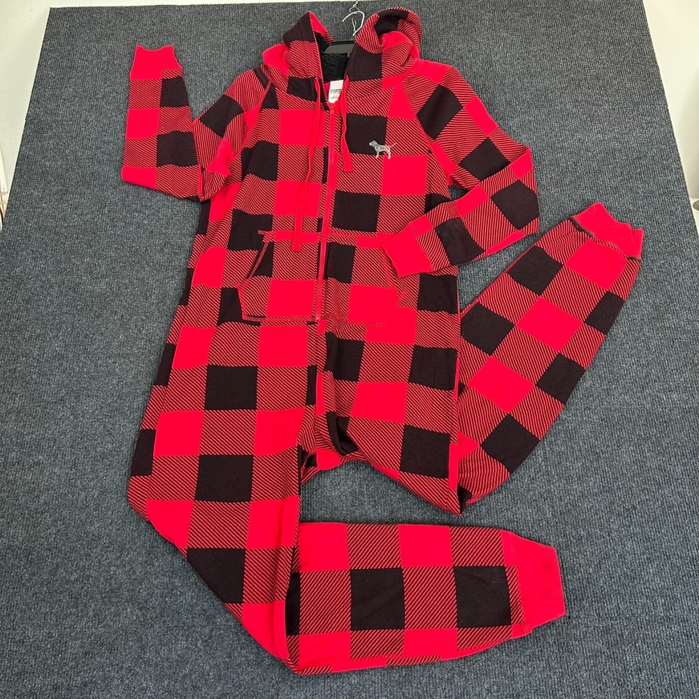 Victoria Secret PINK Red Buffalo Plaid Hooded Sherpa Long Jane One-Piece PJ - SM